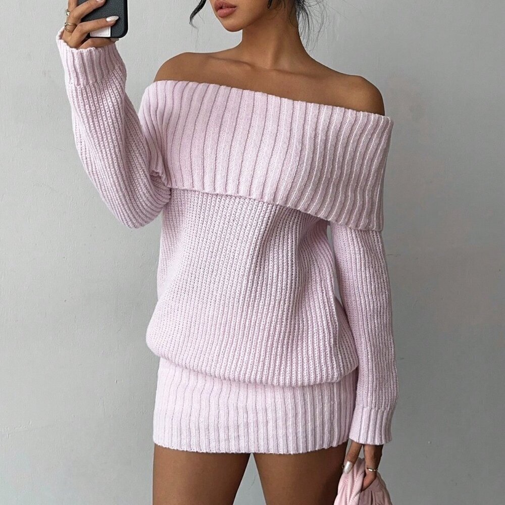 Pink Casual Women's Valentine's Day One Shoulder Knit Mini Dress